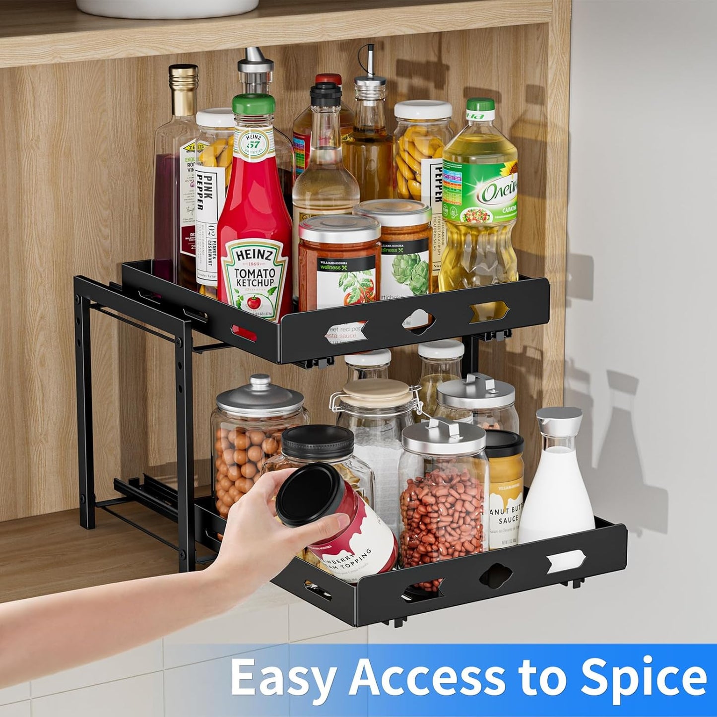 Spice Rack Organizer for Cabinet, Pull Out Spice Rack 2 Tier, Adjustable Height, Heavy Duty Sliding Spice Rack Fits Spices, Sauces, Canned Food, W11.7*D10.8*H9.2 Inch