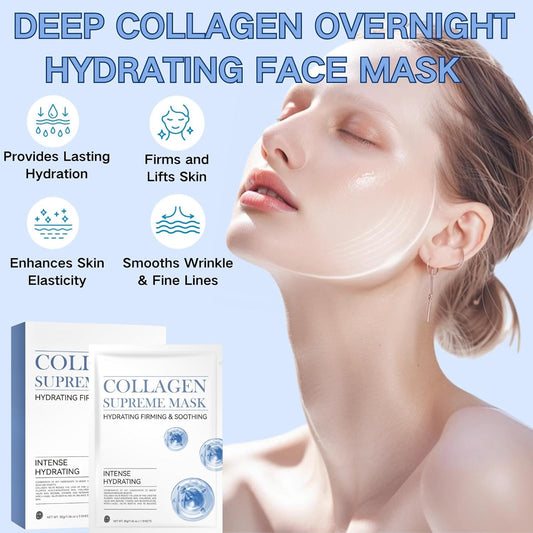 5PCS Collagen Face Mask Overnight, Deep Collagen Hydrating Face Mask, Korean Glass Skin Sheet Mask with Hyaluronic Acid for Anti-Aging, Anti-Wrinkle, Pore Minimizing, Lifting, Firming