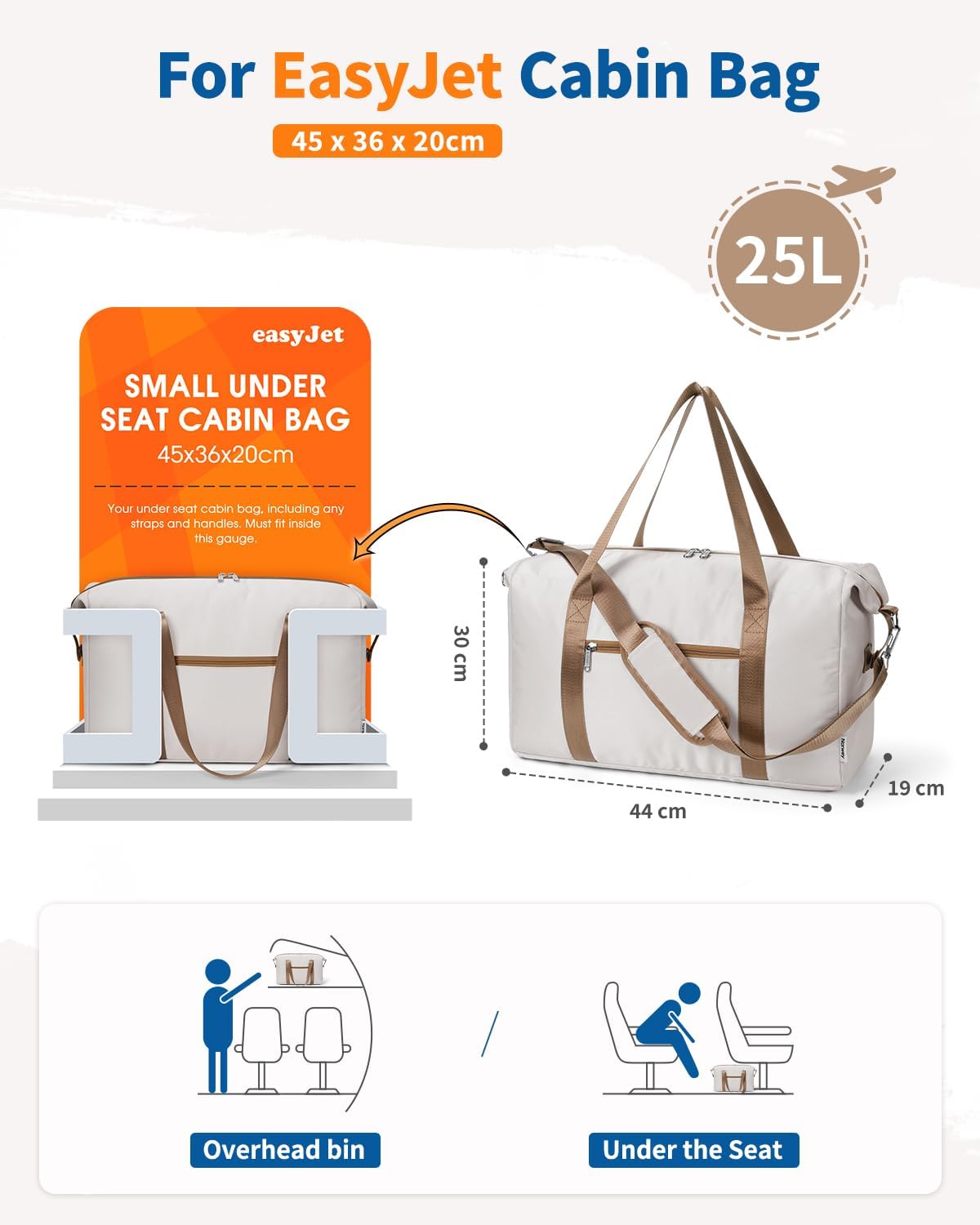 Easyjet Cabin Bag 45x36x20 New Easyjet Underseat Easy Jet Cabin Bag Foldable Travel Duffel Carry on Luggage Weekend Overnight Hospital Bags for Women and Men 25L (Beige with Brown Straps)