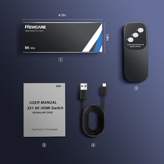 8K HDMI 2.1 Switch 3 in 1 Out With Remote - 8K@60Hz 4K@120Hz Support 48Gbps, Dolby Vision/Atmos, HDR 10+, VRR, ALLM - 3 Port Switcher Compatible With PS5, Xbox X, Apple TV
