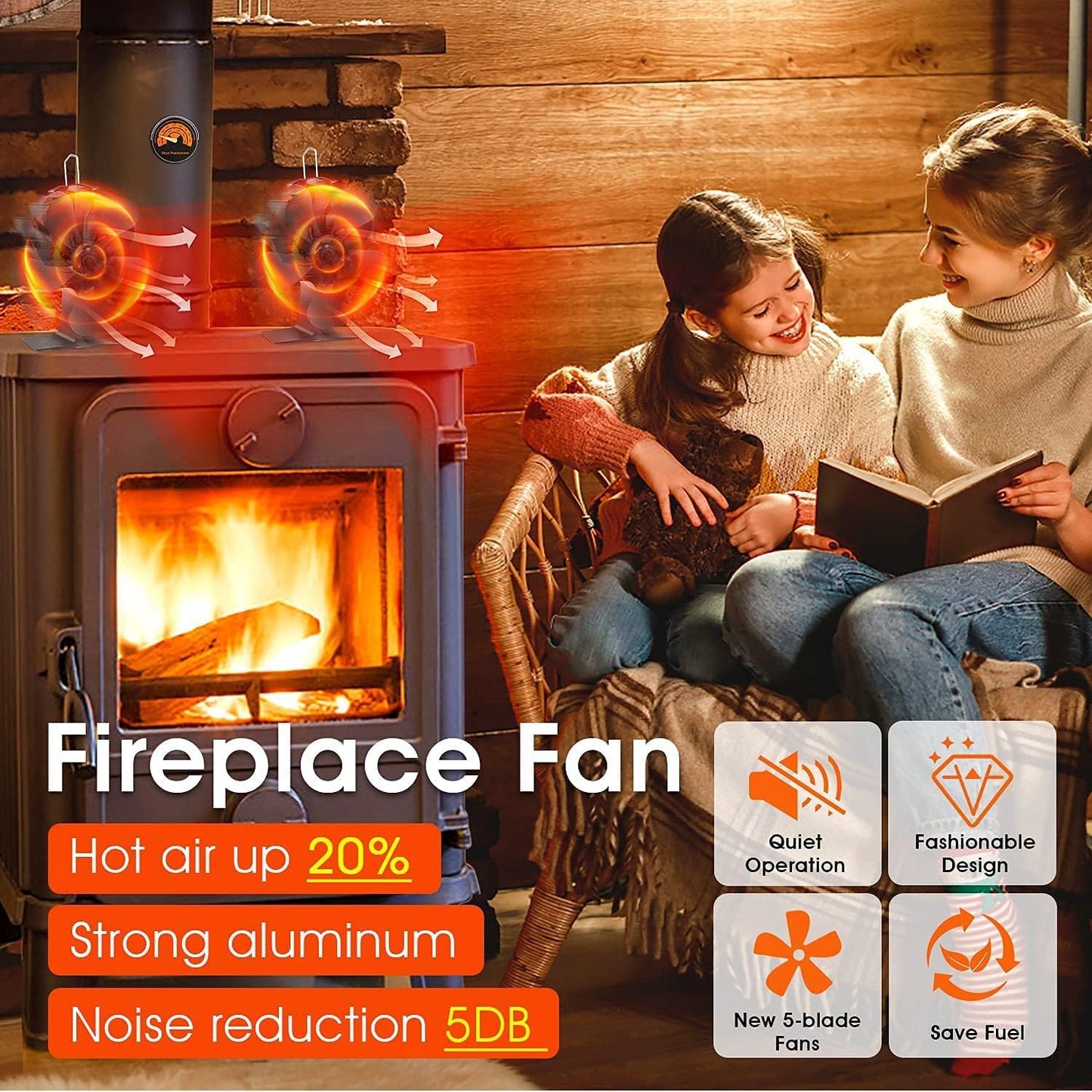 5 Blades Heat Powered Stove Fan, Wood Stove Fans for Stoves & Fireplaces Silent Heat Powered Fireplace Fan,No Electricity Required for Wood/Log Burner/Fireplace Efficient Heat