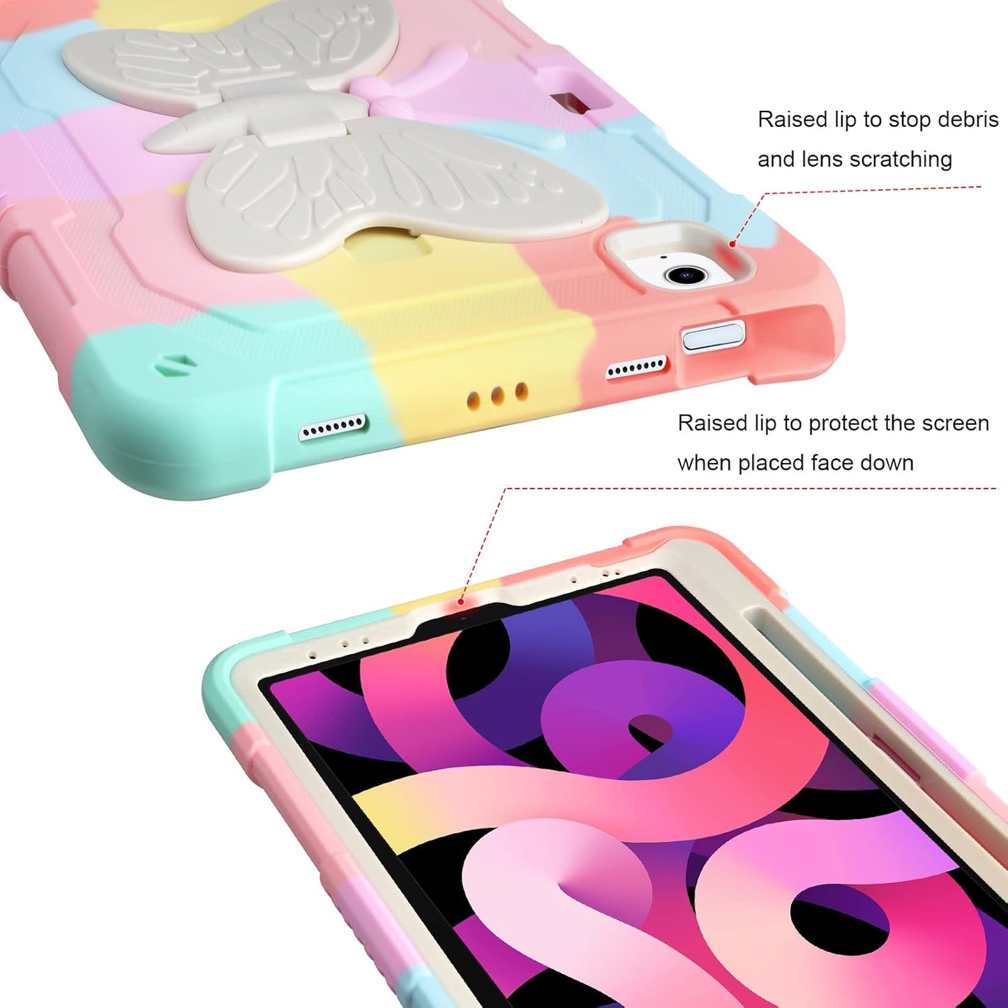 iPad Air 11 Inch Case M3 2025/M2 2024, iPad Air 5th 4th Generation Case 10.9 Inch 2022/2020 for Kids Girls with Butterfly Kickstand Pencil Holder Heavy Duty Shockproof Protective Cover