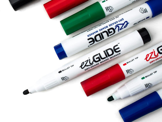 Assorted Bullet Tip Drywipe Whiteboard Pens, Pack of 4 Assorted Colour Markers, No Residue Ink, Hard-wearing Fibre Medium Bullet Tip Dry Wipe Pen, Black, Red, Blue and Green