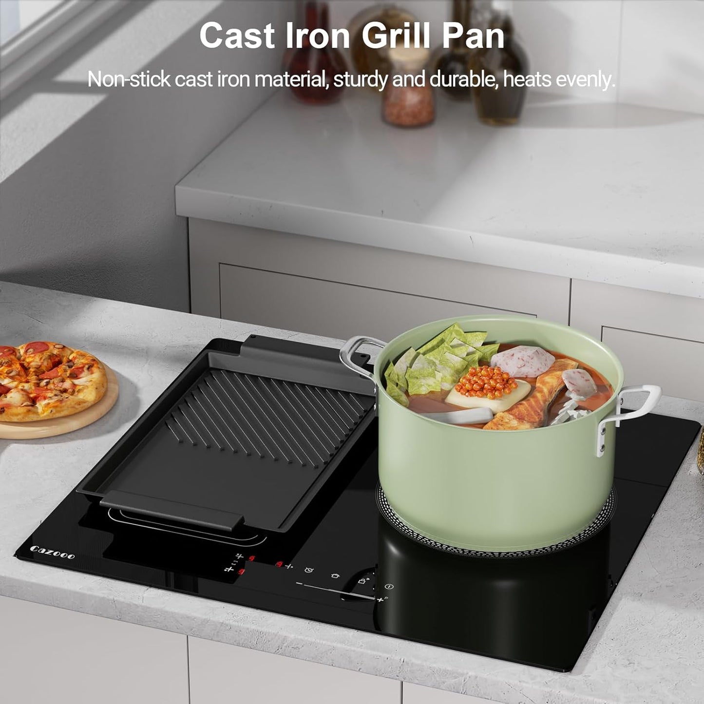 Cast Iron Griddle Pan, Non-Stick Double-Sided BBQ Griddle Grill Pan with Handles, Flat and Ridged Surfaces, Rectangular Grill for Gas Electric Induction Open Fire Oven, 37.7 x 20.9cm