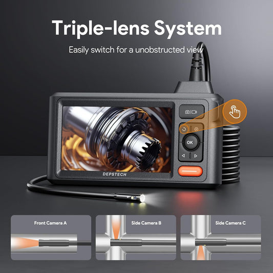 Triple Lens Inspection Camera, 5" Display HD Endoscope with Light, 5m Flexible Waterproof Snake Camera Cable, Industrial Borescope for Car, Wall, Drain Pipe, Plumbing, Home Inspection