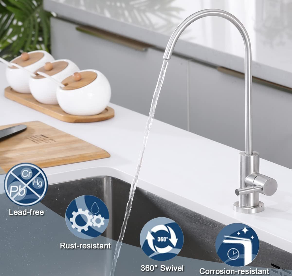 100% Lead-Free Kitchen Drinking Water Tap, Fits Most Reverse Osmosis and Water Filtration System for Kitchen Bar Sink in Non-Air Gap, SUS304 Stainless Steel Brushed Nickel Finish