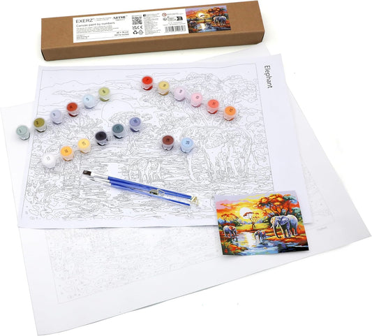 Rolled Up Canvas Paint by Numbers – 30x40cm | 20 Colours, 2 Brushes – Ideal Art Set for Kids & Adults, Beginners & Artists (Elephant)