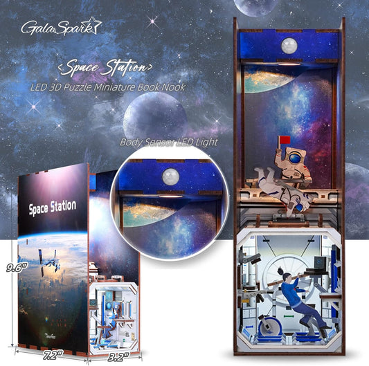 3D Miniature Dollhouse Bookends, DIY 3D Puzzle Book Nook with LED Sensor Light Bookshelf Decor for Kids and Adults (The Space Astronaut)