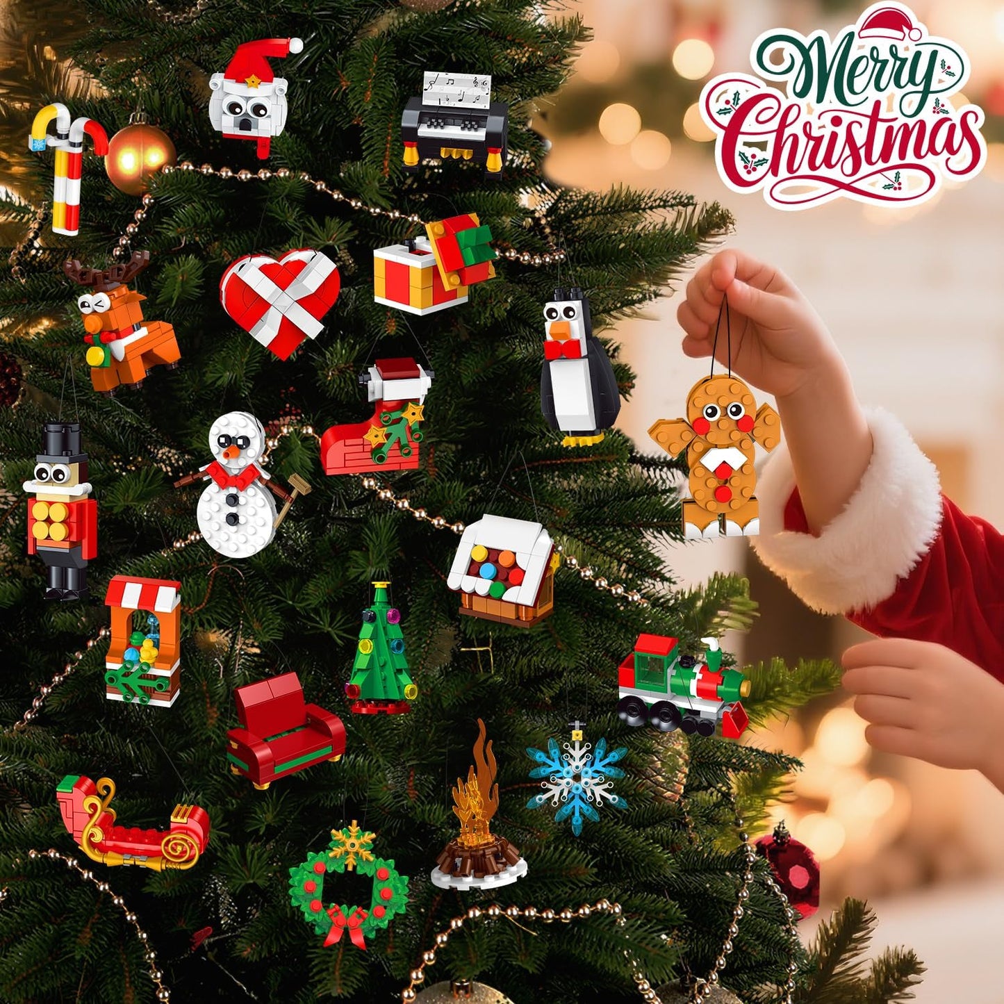 Advent Calendar Christmas Ornaments Building Set, 24 Days Countdown Hanging Christmas Tree Decor Wreath Santa Snowman Xmas Gift Stocking Stuffer Building Toys for Kids Boys Girls Ages 6+