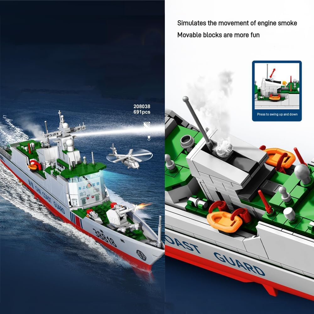 Type 818 Coast Guard Ship Building Block Set, 691 Pcs Navy Guided Missile Destroyer, Warship Building Set
