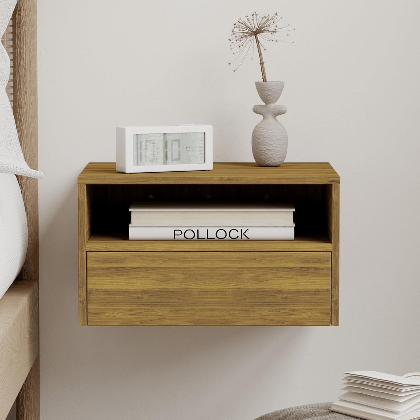 Floating Bedside Table, Wall Mounted Nightstand with Storage Drawer and Open Shelf Modern Wooden Bedside Table for Bedroom,Walnut Brown