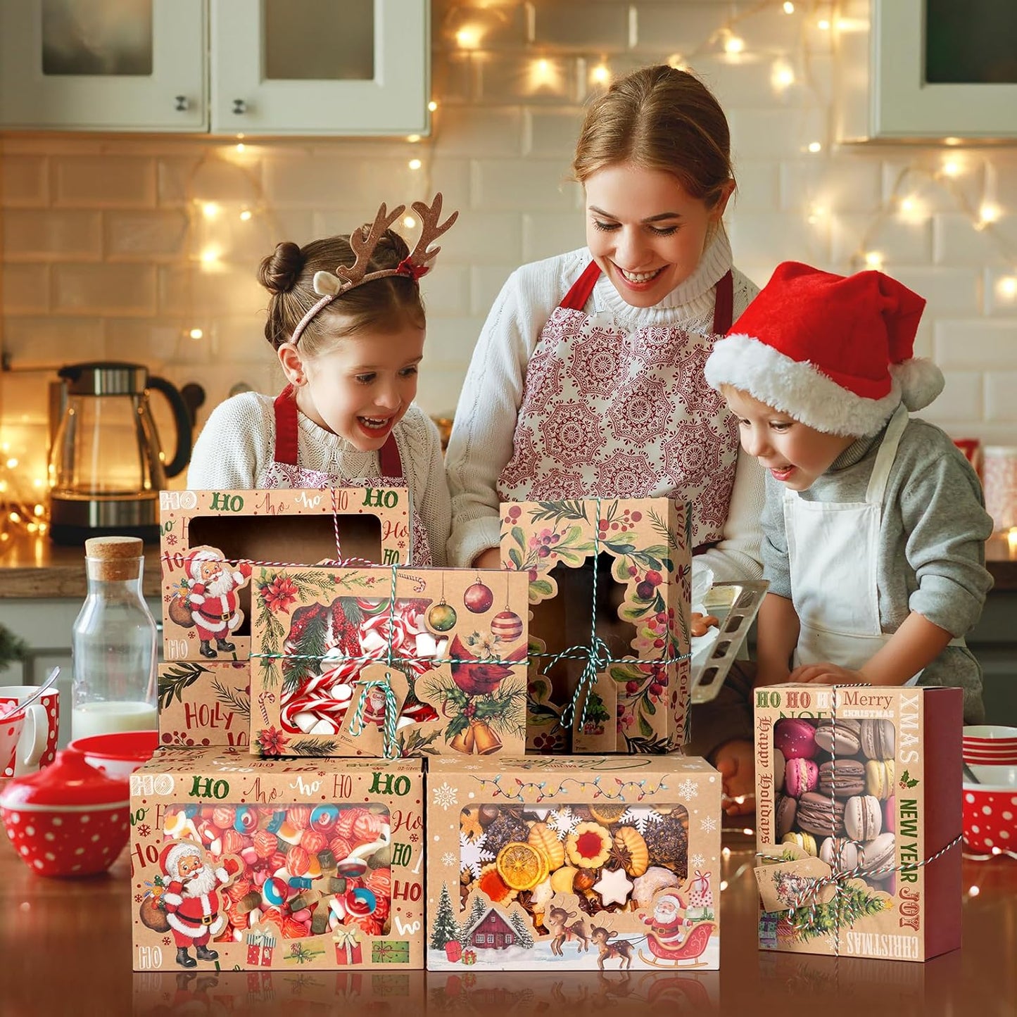 24 Pcs Christmas Cookie Boxes Set, 6 Designs Kraft Cardboard Bakery Treat Boxes with Clear Window, Recyclable Gift Box for Cookies, Cake, Donuts, Holiday