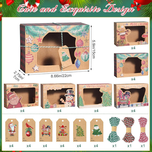 24 Pcs Christmas Cookie Boxes with Window, Christmas Cake Boxes with Xmas Twine String and Tags, Sweet Cupcake Gift Box for Xmas Party Holiday Supplies, 8.7 x 5.9 x 2.75 inches