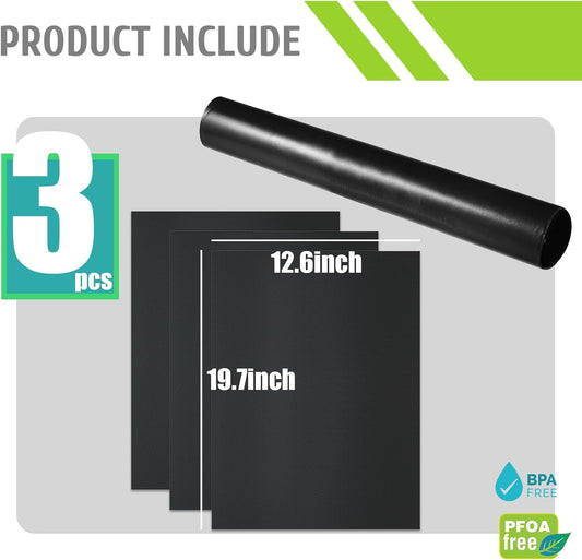 BBQ Grill Mat 32X50cm, Universal Oven Liners for Bottom of Fan Assisted Ovens, Reusable Non Stick Teflon Barbecue Mats for Baking on Gas, Charcoal, Oven & Electric Grills (Black, 3PCS)