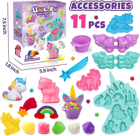 Play Color Dough Sets for Kids, Unicorn Theme Color Dough Tools Arts and Crafts Kit with 11 Piece Color Dough Accessaries, Holiday Birthday Education Toys for Toddlers Girls Age 3+