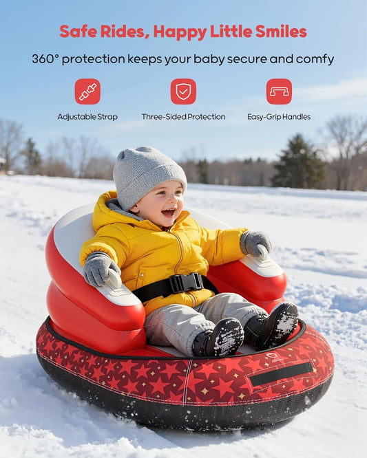 Inflatable Toddler Snow Sled with Canvas Cover, Tow Strap & Handles, Baby Winter Air Sled with Three-Sided Protection, Kids Snow Tube for Skiing & Sledding