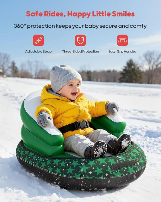 Inflatable Toddler Snow Sled with Canvas Cover, Tow Strap & Handles, Baby Winter Air Sled with Three-Sided Protection, Kids Snow Tube for Skiing & Sledding