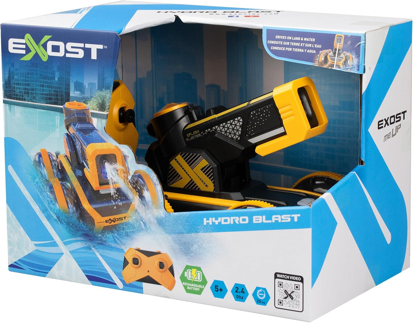 Exost Hydro Blast RC Car for Kids with Water Blaster and Dual Land and Water Mode | Shoots Water up to 5 Metres with Auto Refill | 2 Speed Settings, 2.4GHz Remote, Rechargeable Battery 5+