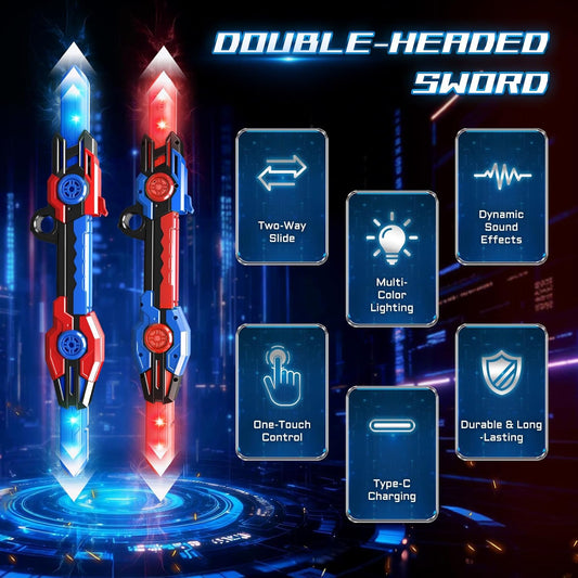 Double-Ended Retractable Light Sword for Kids, 8 Changeable Colors, 2 Lighting Modes, LED Lightsword with Cool Sound Effects, Great Gift Toy for Birthday Carnival Cosplay Christmas (2-Pack)