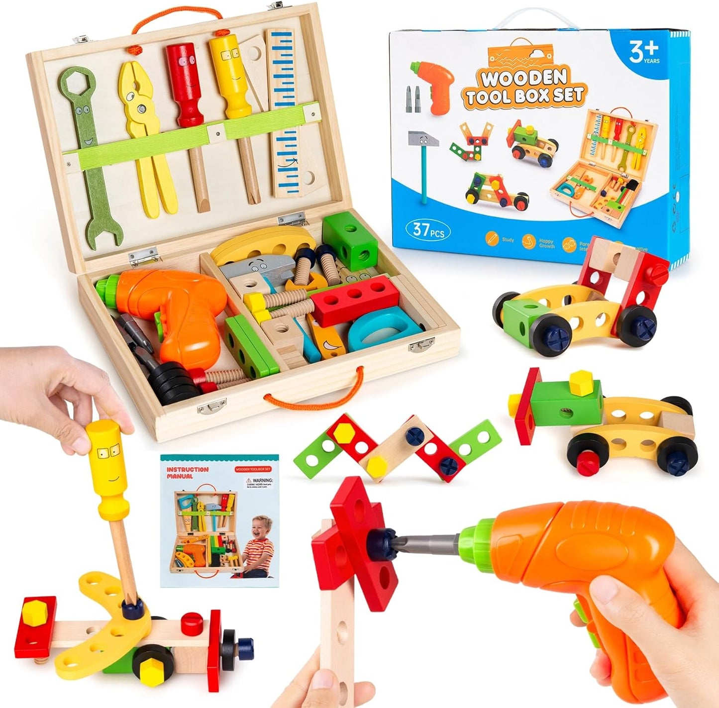 37 PCS Wooden Tool Set with Toy Drill for Kids Ages 3+, Toddler Tool Kit with Durable Wooden Tool Box, Educational Construction Toys, Tool Kit for Kids to Develop Creativity and Motor Skills