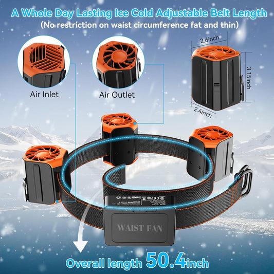 Waist Fan,Portable Waist Clip Fan with 50.4" Belt,12000mAh Rechargeable Personal Cooling Fan,Wearable Body Fan,Belt Fan with Powerful Strong Airflow,Shirt Travel Fan