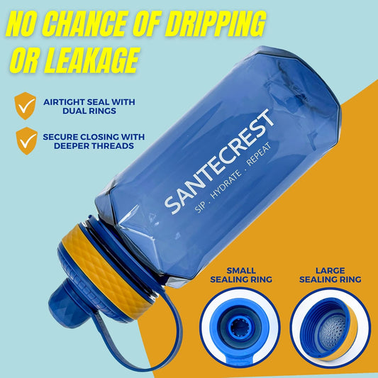 Water Bottle 1L - BPA Free water bottle Non-Toxic Durable Plastic with Easy Holding Sleeve, Fruit Infusion Strainer, Heat Resistant Dishwasher Friendly - Ideal for Gym, Sports (Blue)