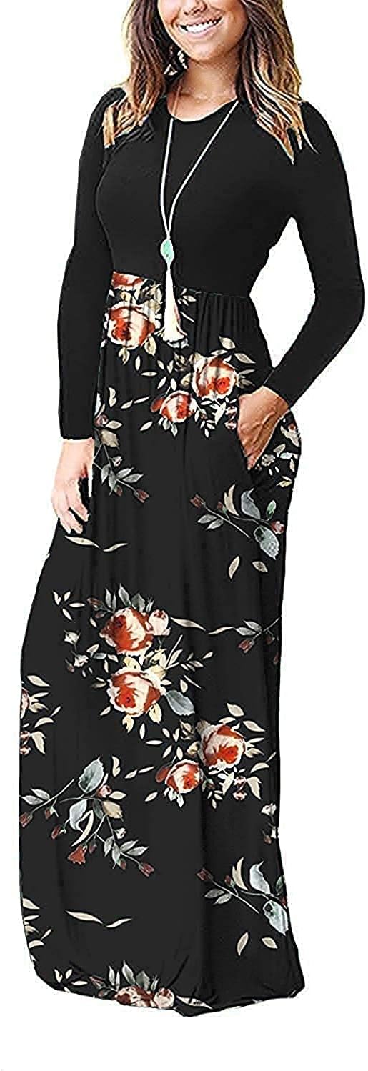 medium Women Long Sleeve Loose Plain Maxi Dresses Casual Long Dresses with Pockets (M, Rose Black)