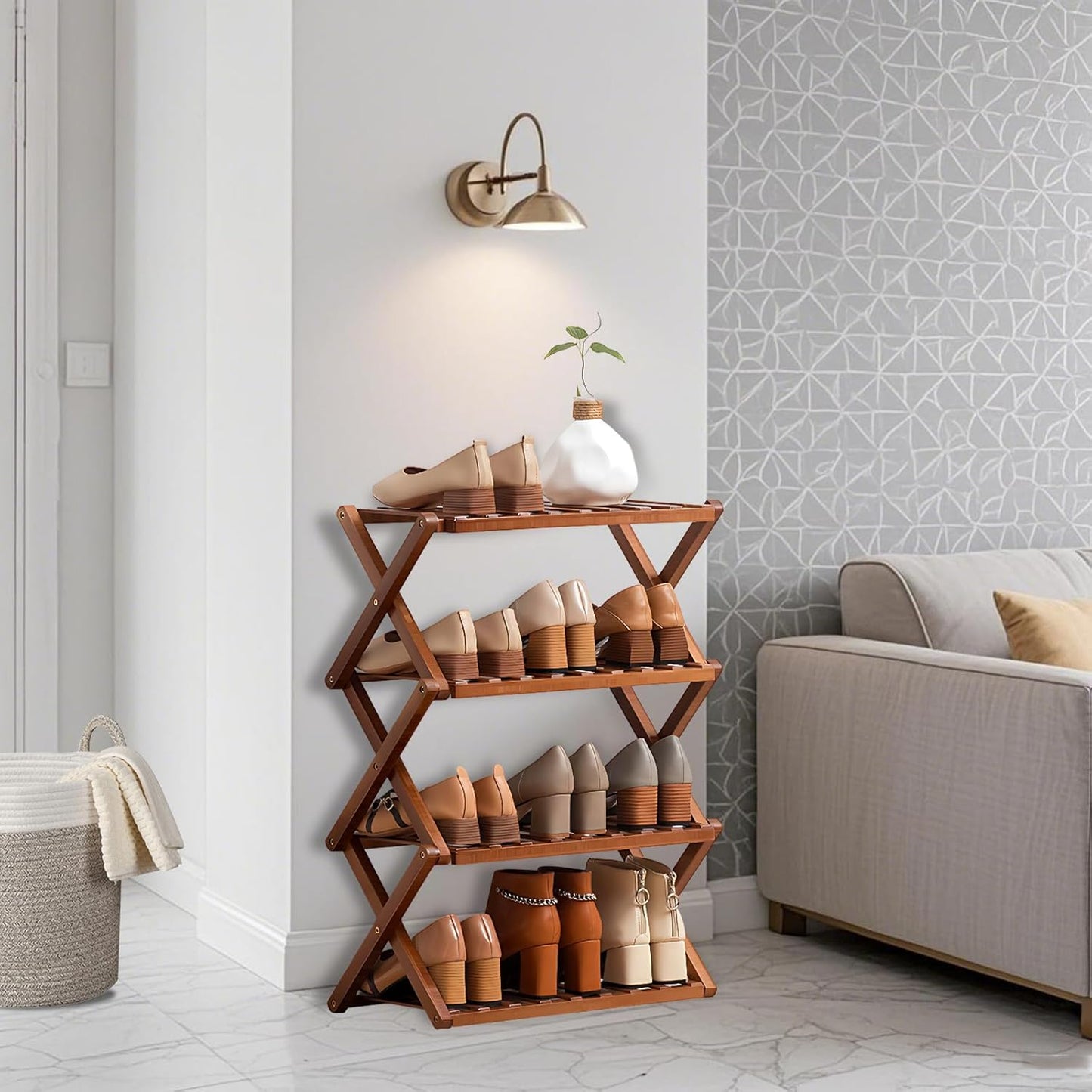 5 Tier Bamboo Shoe Rack,Free Standing Shoe Rack for Closet,Without Installation Portable Folding Shoe Storage Rack,small shoe rack for narrow space Entryway Hallway Closet Living Room