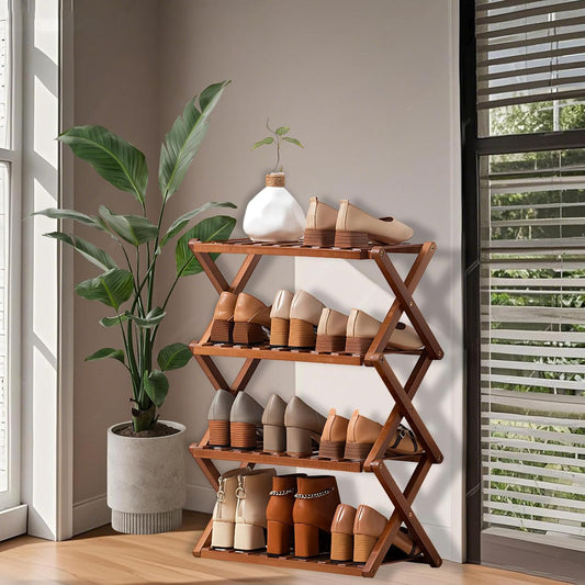 5 Tier Bamboo Shoe Rack,Free Standing Shoe Rack for Closet,Without Installation Portable Folding Shoe Storage Rack,small shoe rack for narrow space Entryway Hallway Closet Living Room