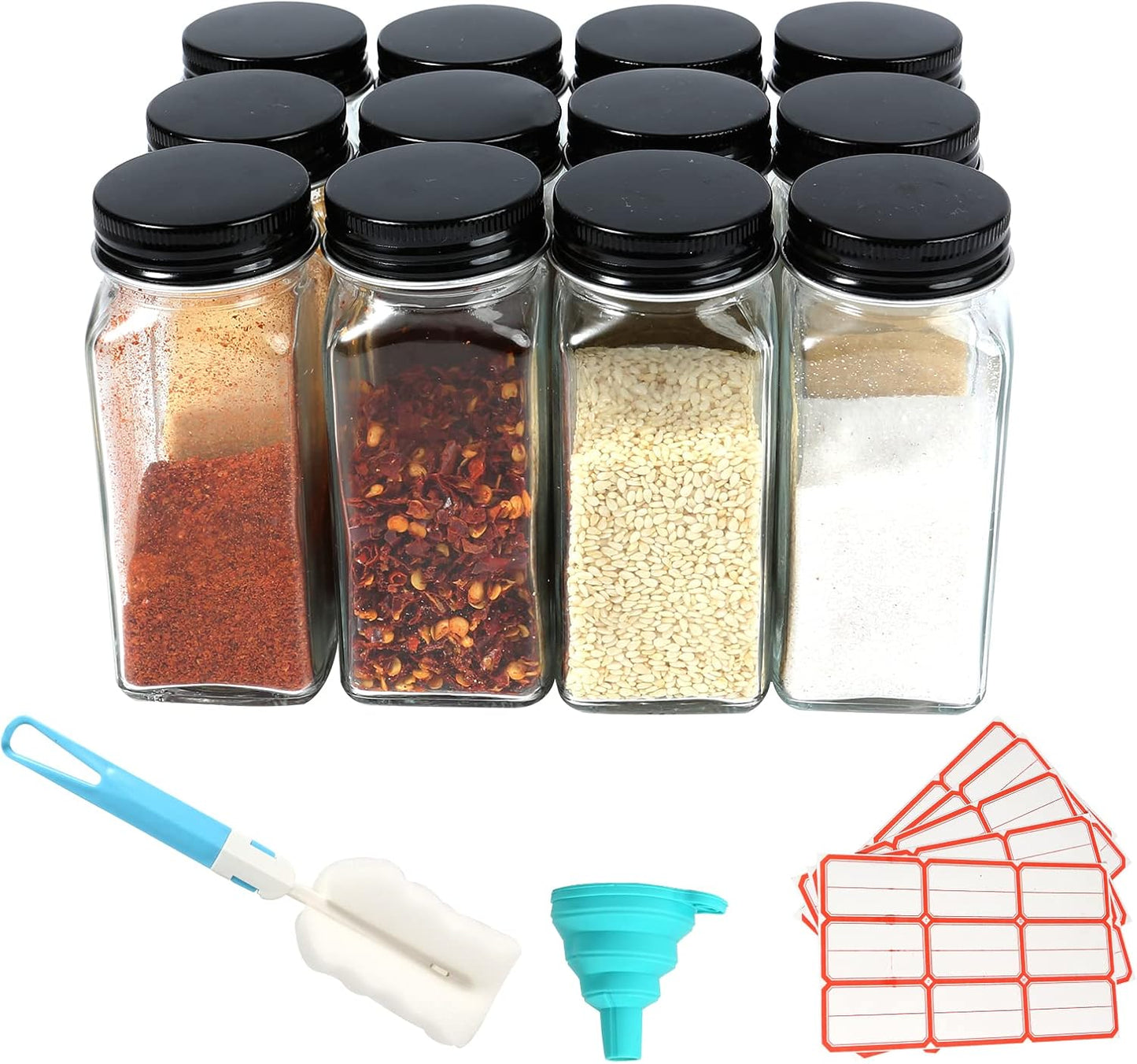 12 Pcs Glass Spice Jars - 120ml Square Spice Containers with Lids and Labels - Shaker Lids and Airtight Metal Caps - Silicone Collapsible Funnel Included