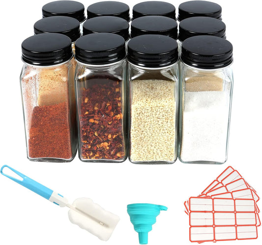12 Pcs Glass Spice Jars - 120ml Square Spice Containers with Lids and Labels - Shaker Lids and Airtight Metal Caps - Silicone Collapsible Funnel Included