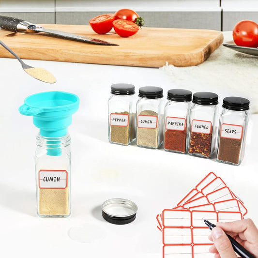 12 Pcs Glass Spice Jars - 120ml Square Spice Containers with Lids and Labels - Shaker Lids and Airtight Metal Caps - Silicone Collapsible Funnel Included