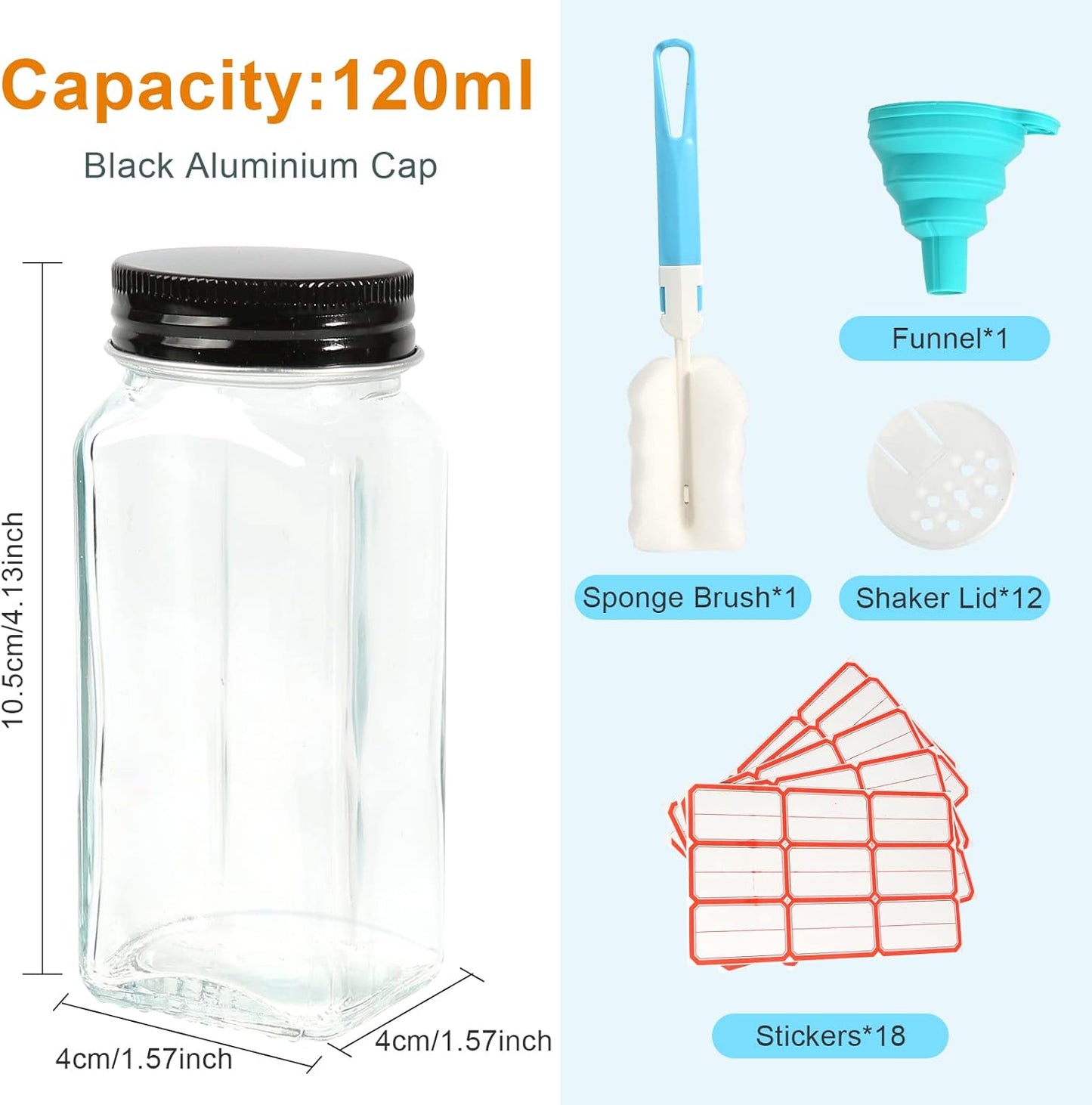12 Pcs Glass Spice Jars - 120ml Square Spice Containers with Lids and Labels - Shaker Lids and Airtight Metal Caps - Silicone Collapsible Funnel Included