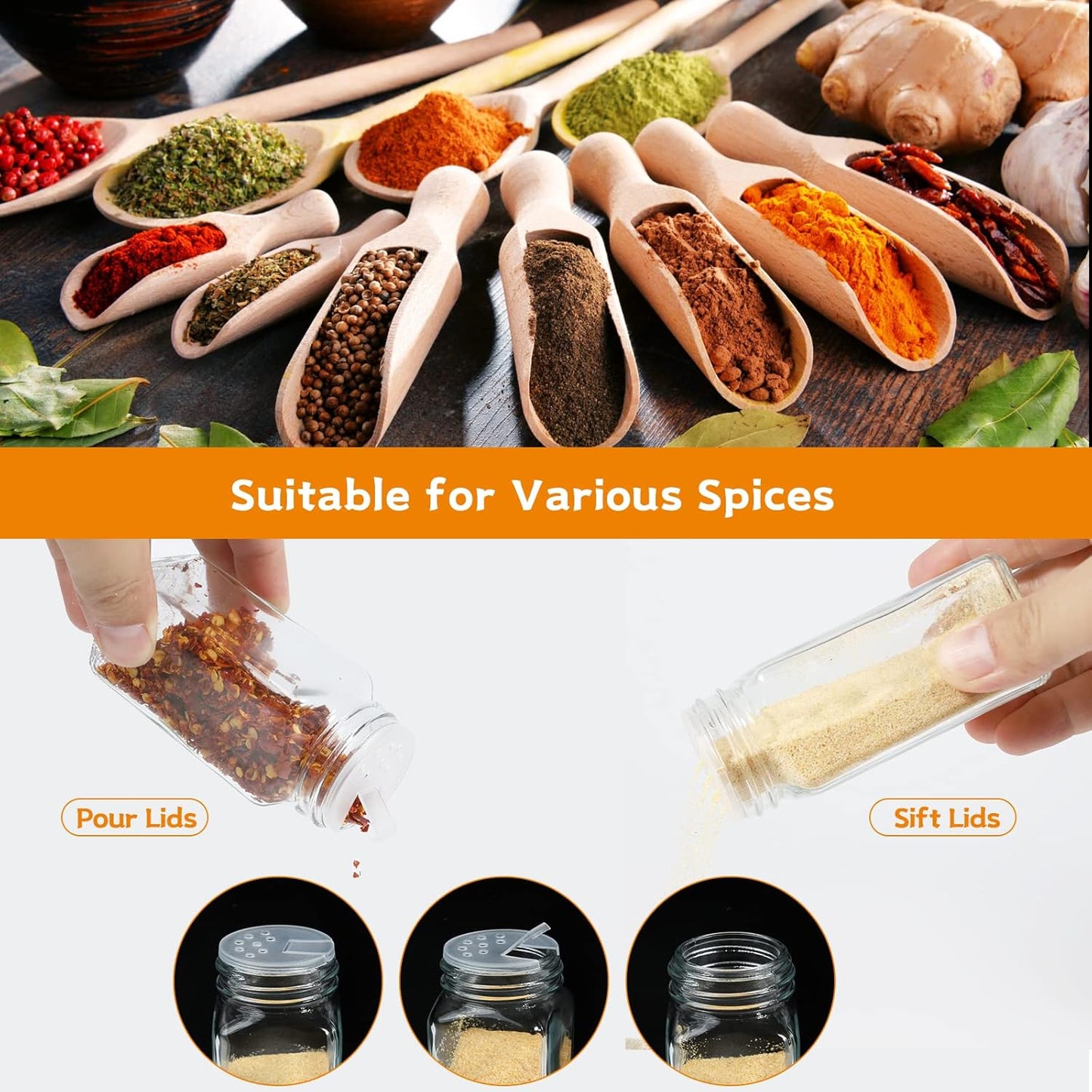 12 Pcs Glass Spice Jars - 120ml Square Spice Containers with Lids and Labels - Shaker Lids and Airtight Metal Caps - Silicone Collapsible Funnel Included
