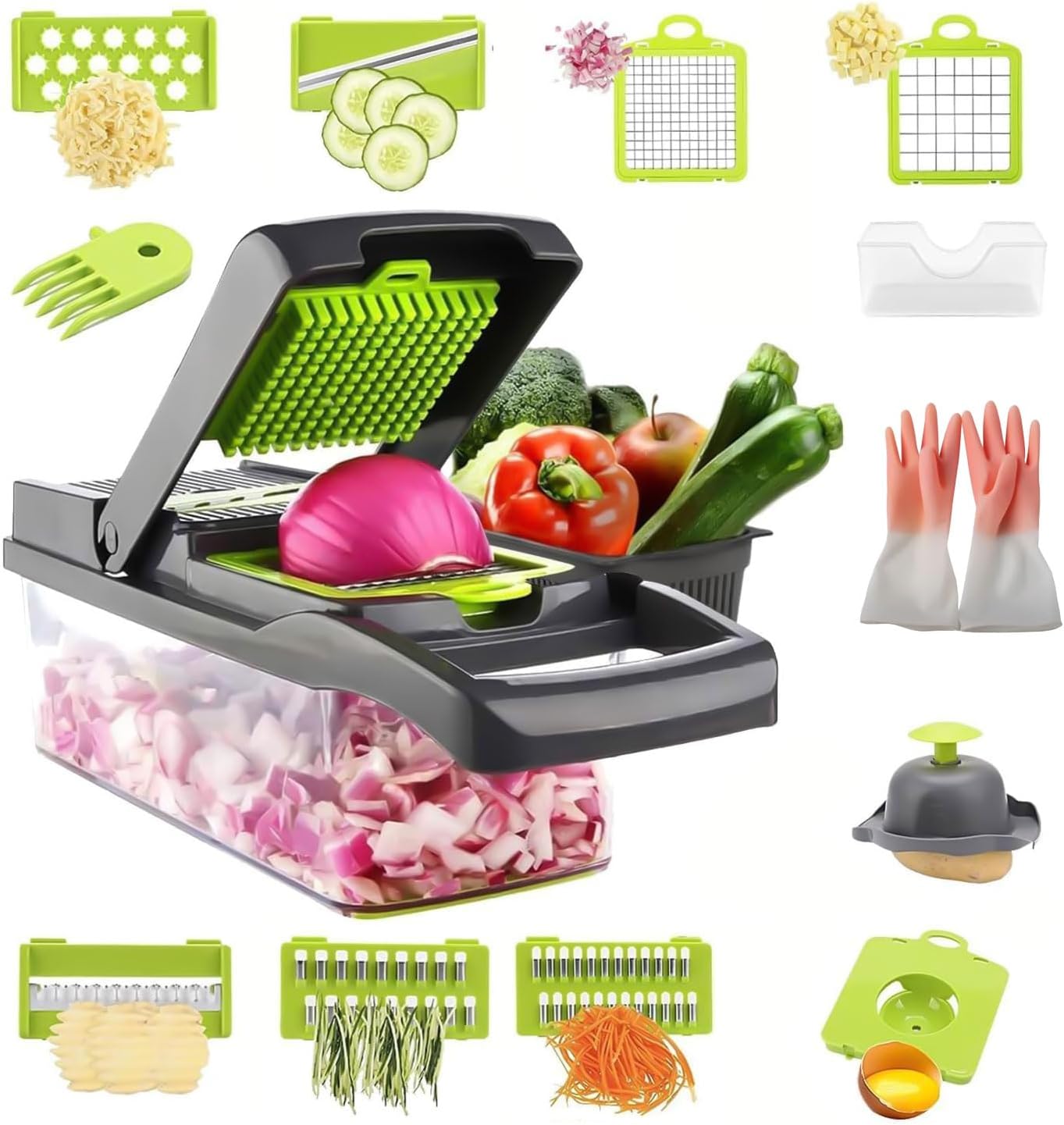 15-in-1 Multifunctional Vegetable Chopper & Mandoline Slicer – Premium Food Cutter with 7 Blades, Peeler, Cleaning Brush & Protective Mitt for Easy Veggie & Fruit Slicing with Free Gloves.