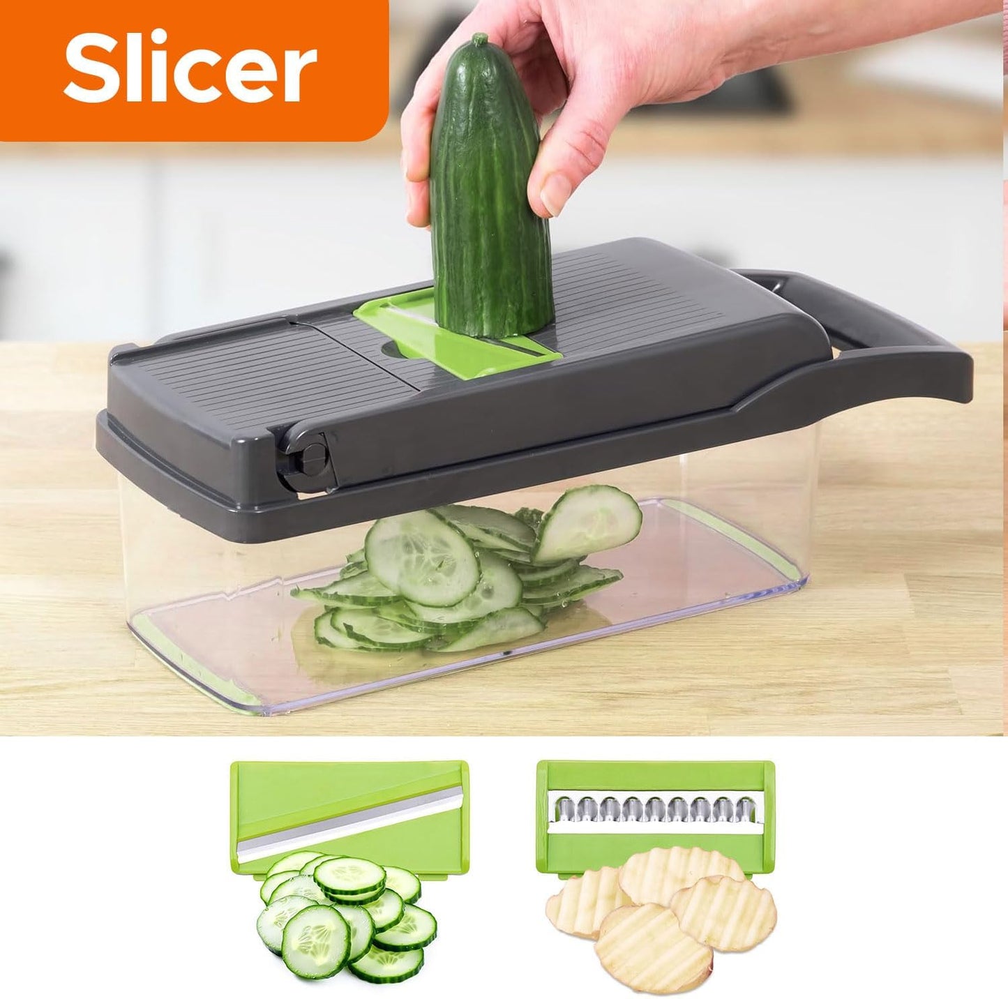 15-in-1 Multifunctional Vegetable Chopper & Mandoline Slicer – Premium Food Cutter with 7 Blades, Peeler, Cleaning Brush & Protective Mitt for Easy Veggie & Fruit Slicing with Free Gloves.
