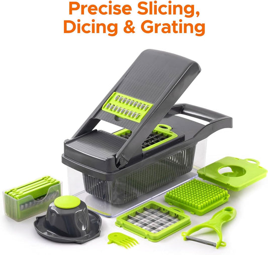 15-in-1 Multifunctional Vegetable Chopper & Mandoline Slicer – Premium Food Cutter with 7 Blades, Peeler, Cleaning Brush & Protective Mitt for Easy Veggie & Fruit Slicing with Free Gloves.