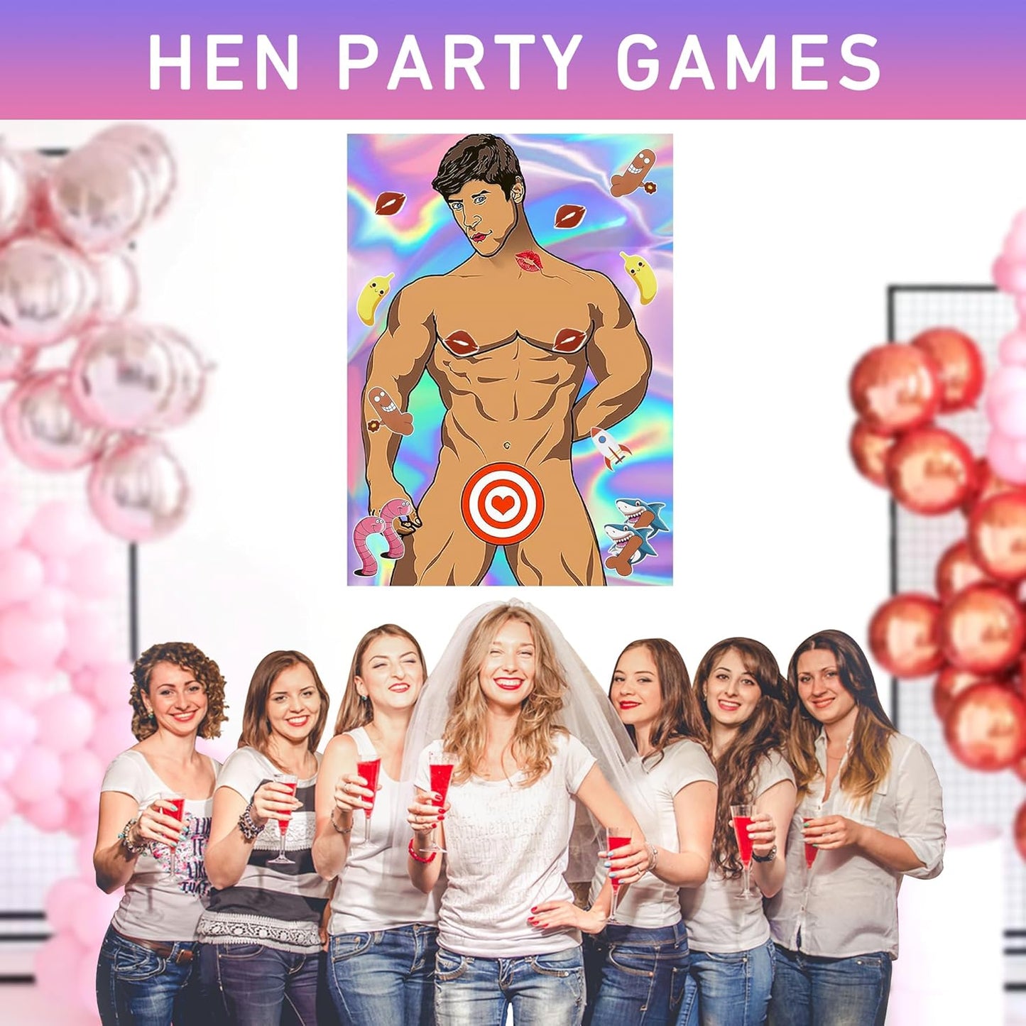 16PCS/Set Hen Party Games for Adults, Bachelorette Party Game Decorations with Poster Paster and Eye Mask Girls Night Hunk Poster for Beach Swimming Pool Willys Hen Party Bridal Shower Girls Night