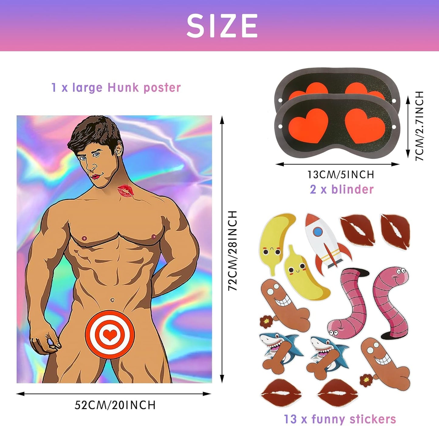 16PCS/Set Hen Party Games for Adults, Bachelorette Party Game Decorations with Poster Paster and Eye Mask Girls Night Hunk Poster for Beach Swimming Pool Willys Hen Party Bridal Shower Girls Night