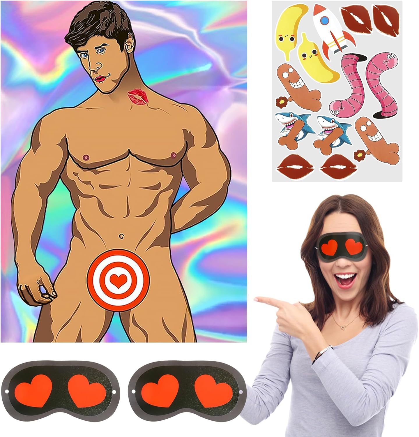 16PCS/Set Hen Party Games for Adults, Bachelorette Party Game Decorations with Poster Paster and Eye Mask Girls Night Hunk Poster for Beach Swimming Pool Willys Hen Party Bridal Shower Girls Night