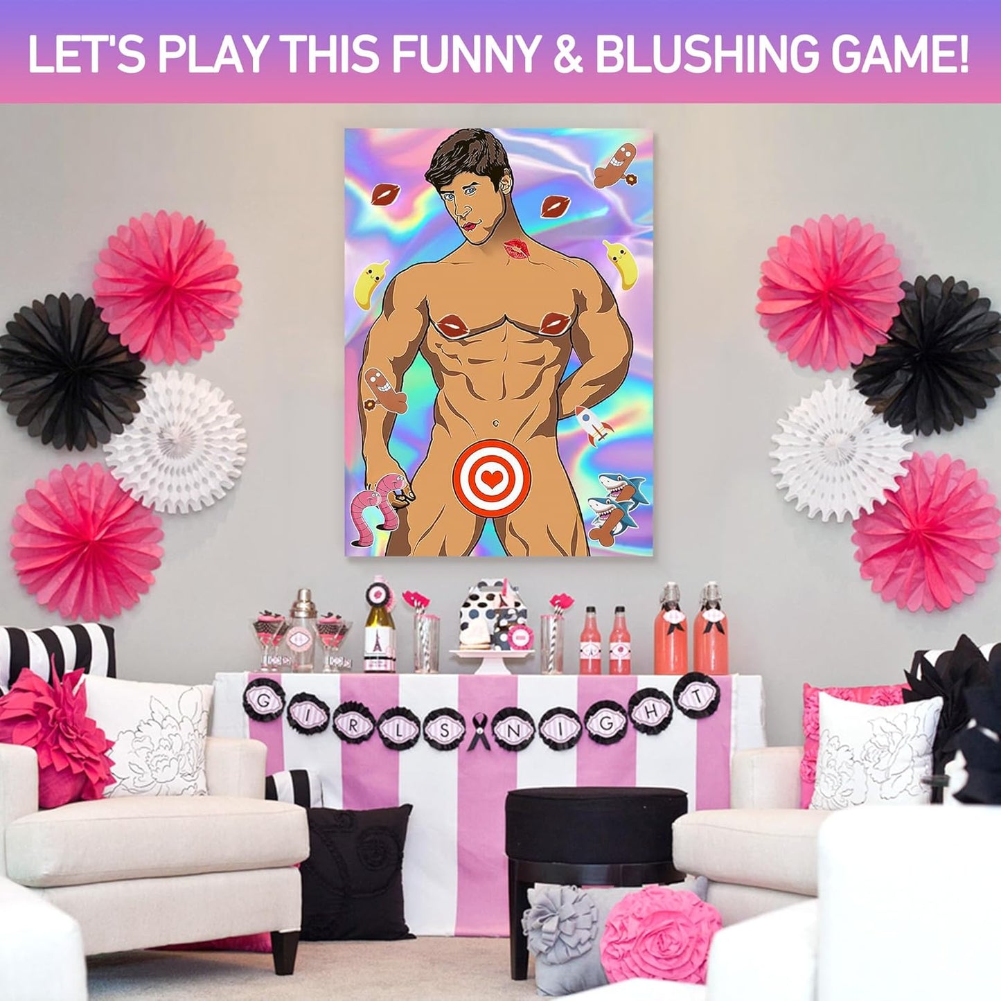16PCS/Set Hen Party Games for Adults, Bachelorette Party Game Decorations with Poster Paster and Eye Mask Girls Night Hunk Poster for Beach Swimming Pool Willys Hen Party Bridal Shower Girls Night