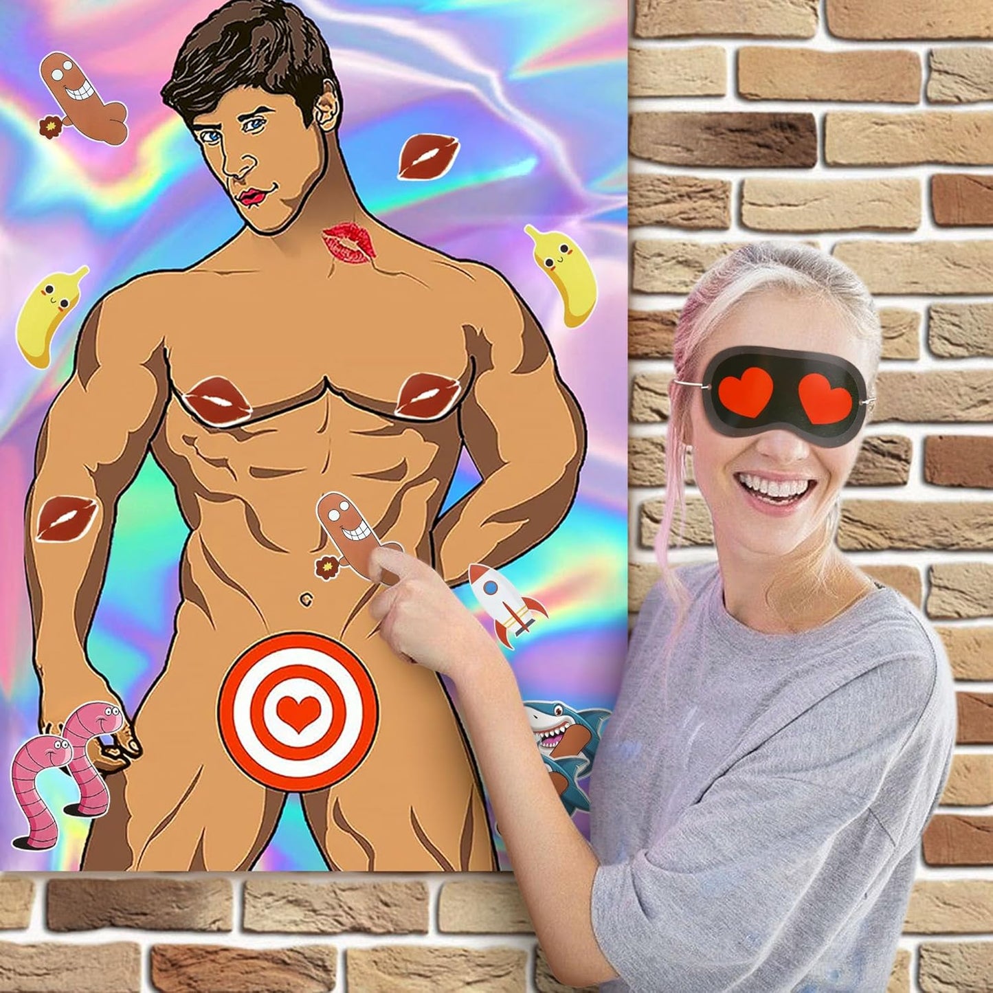 16PCS/Set Hen Party Games for Adults, Bachelorette Party Game Decorations with Poster Paster and Eye Mask Girls Night Hunk Poster for Beach Swimming Pool Willys Hen Party Bridal Shower Girls Night