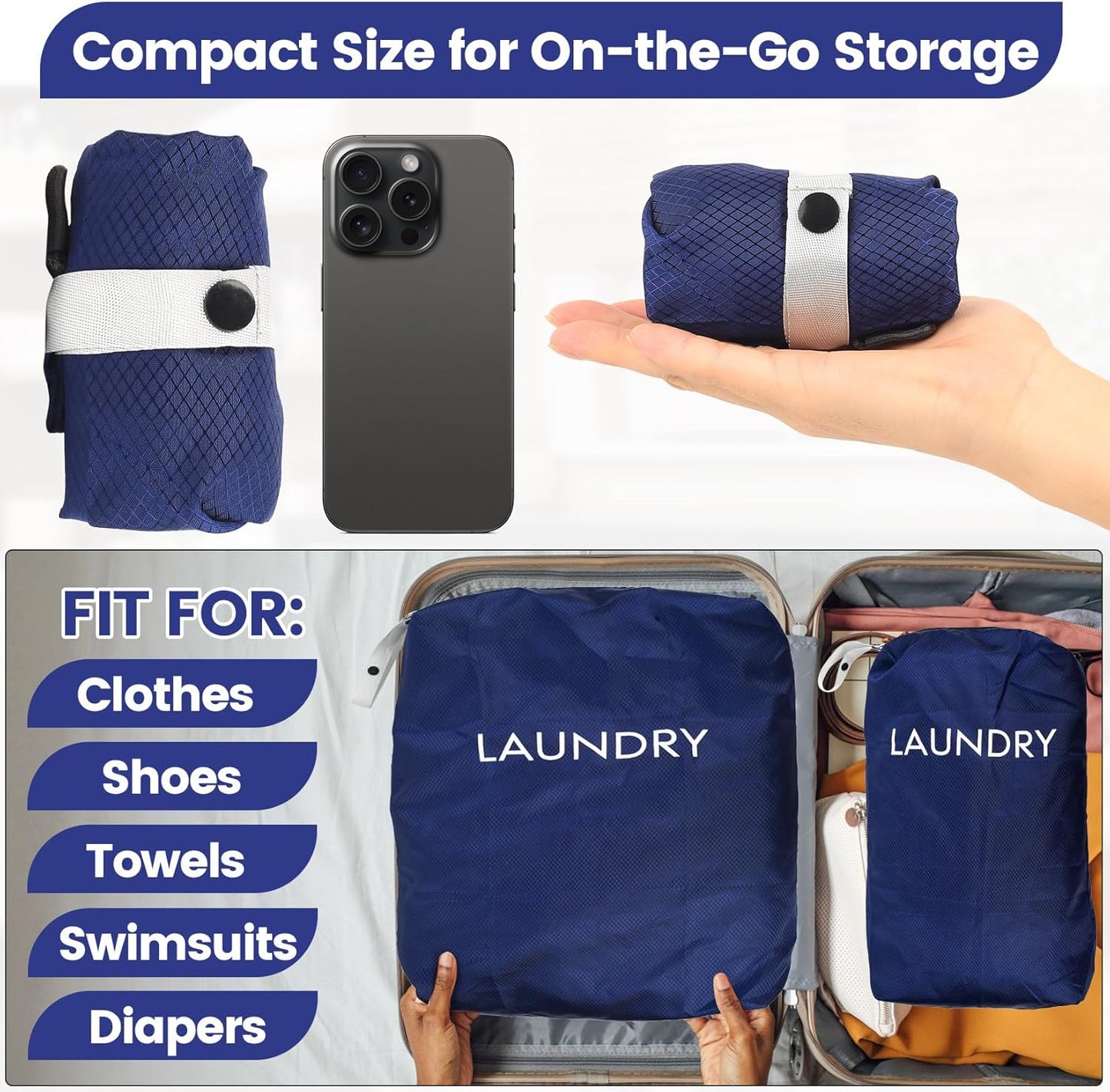 2 Large Laundry Bags, Travel Laundry Bags for Travelling Storage, Portable Waterproof Dirty Clothes Bags with Drawstring for Home Bathroom Camping Holiday Dormitory Travel Essentials(23x17", 21x13")