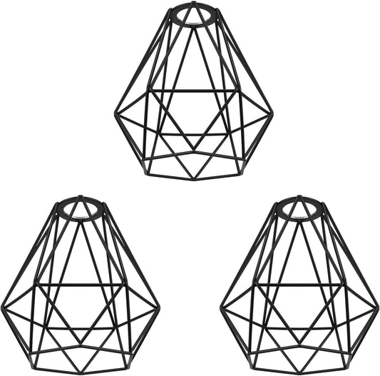 3 Pack Lighting Metal Cage Lampshades, Black Diamond Shape for Pendant Light Cord Kit Vintage Lamp Holders Hanging Lighting Fixture Replacement Shades, Farmhouse Bedroom Dining Room DIY Decoration