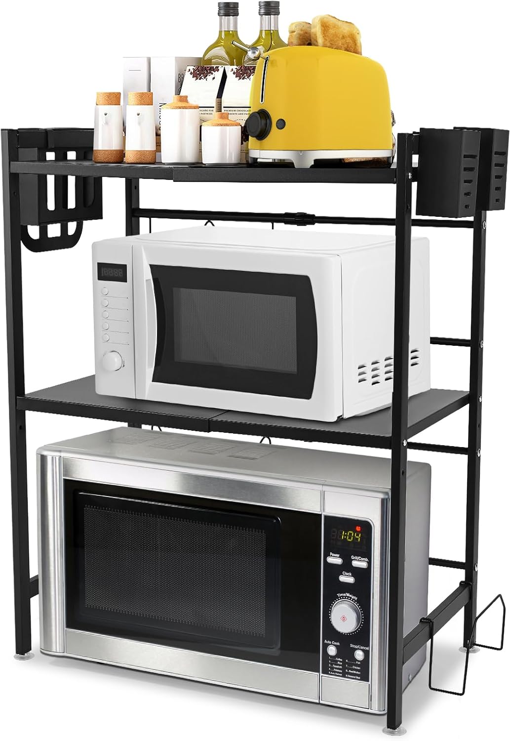3 Tier Microwave Oven Rack Expandable Shelf Storage Adjustable Organiser Stand Utensil Holder Counter Shelf and Organizer with 4 Hooks Matte Black
