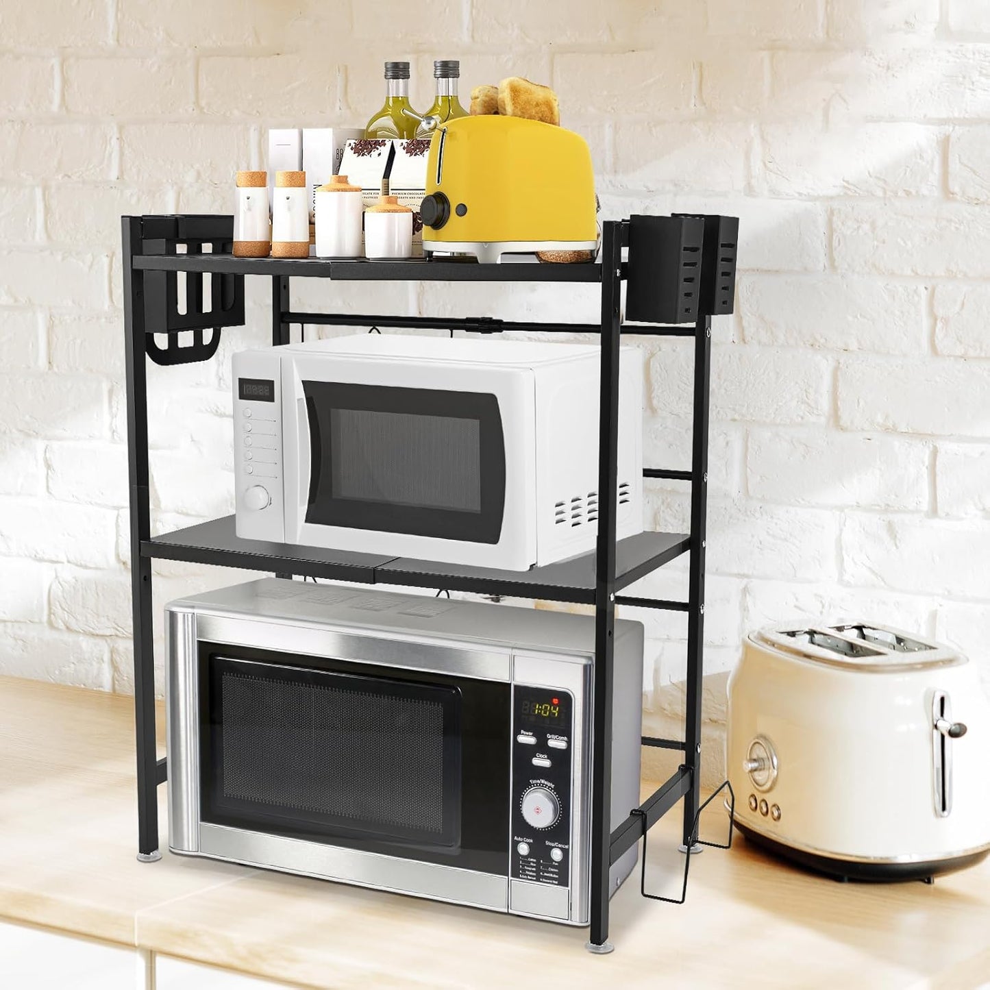 3 Tier Microwave Oven Rack Expandable Shelf Storage Adjustable Organiser Stand Utensil Holder Counter Shelf and Organizer with 4 Hooks Matte Black