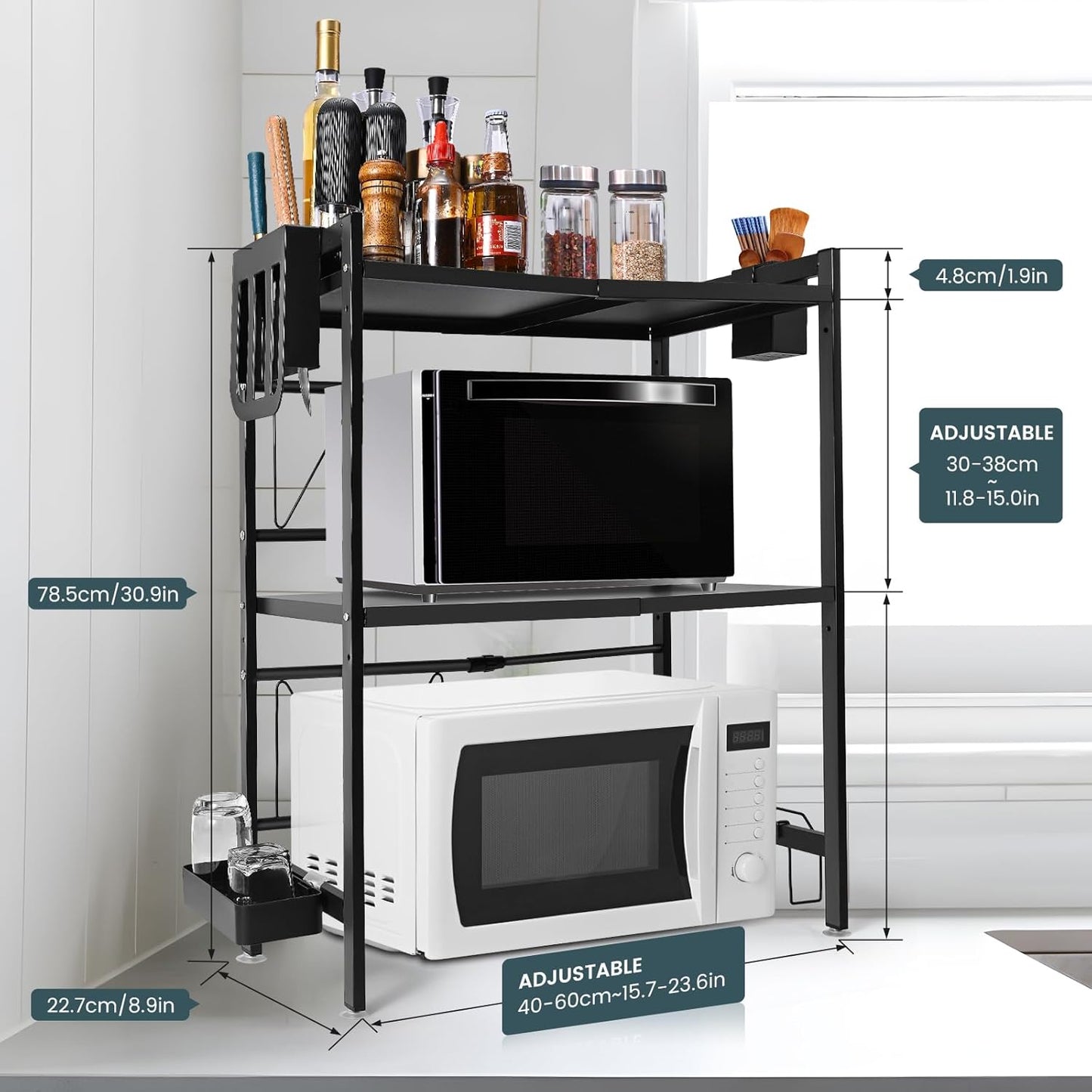 3 Tier Microwave Oven Rack Expandable Shelf Storage Adjustable Organiser Stand Utensil Holder Counter Shelf and Organizer with 4 Hooks Matte Black