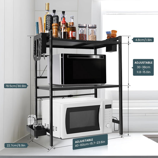 3 Tier Microwave Oven Rack Expandable Shelf Storage Adjustable Organiser Stand Utensil Holder Counter Shelf and Organizer with 4 Hooks Matte Black