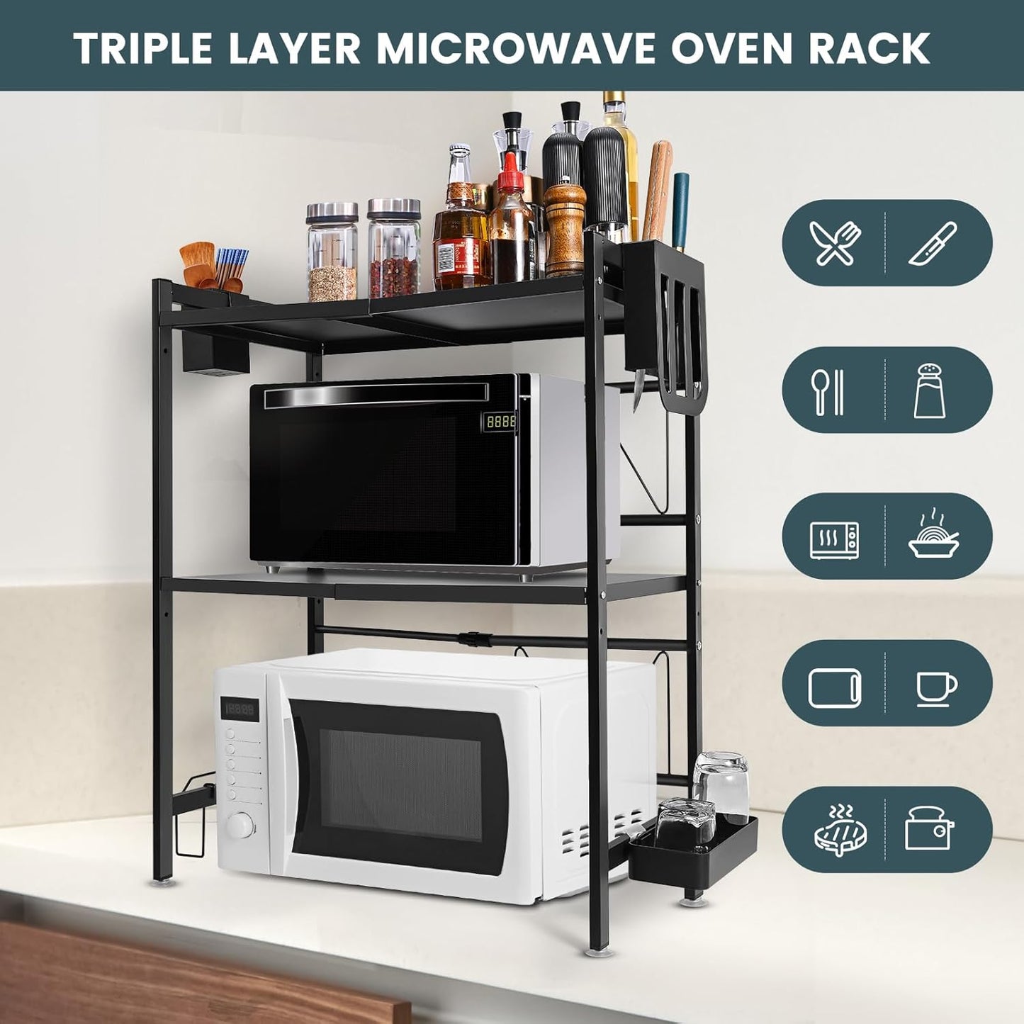 3 Tier Microwave Oven Rack Expandable Shelf Storage Adjustable Organiser Stand Utensil Holder Counter Shelf and Organizer with 4 Hooks Matte Black