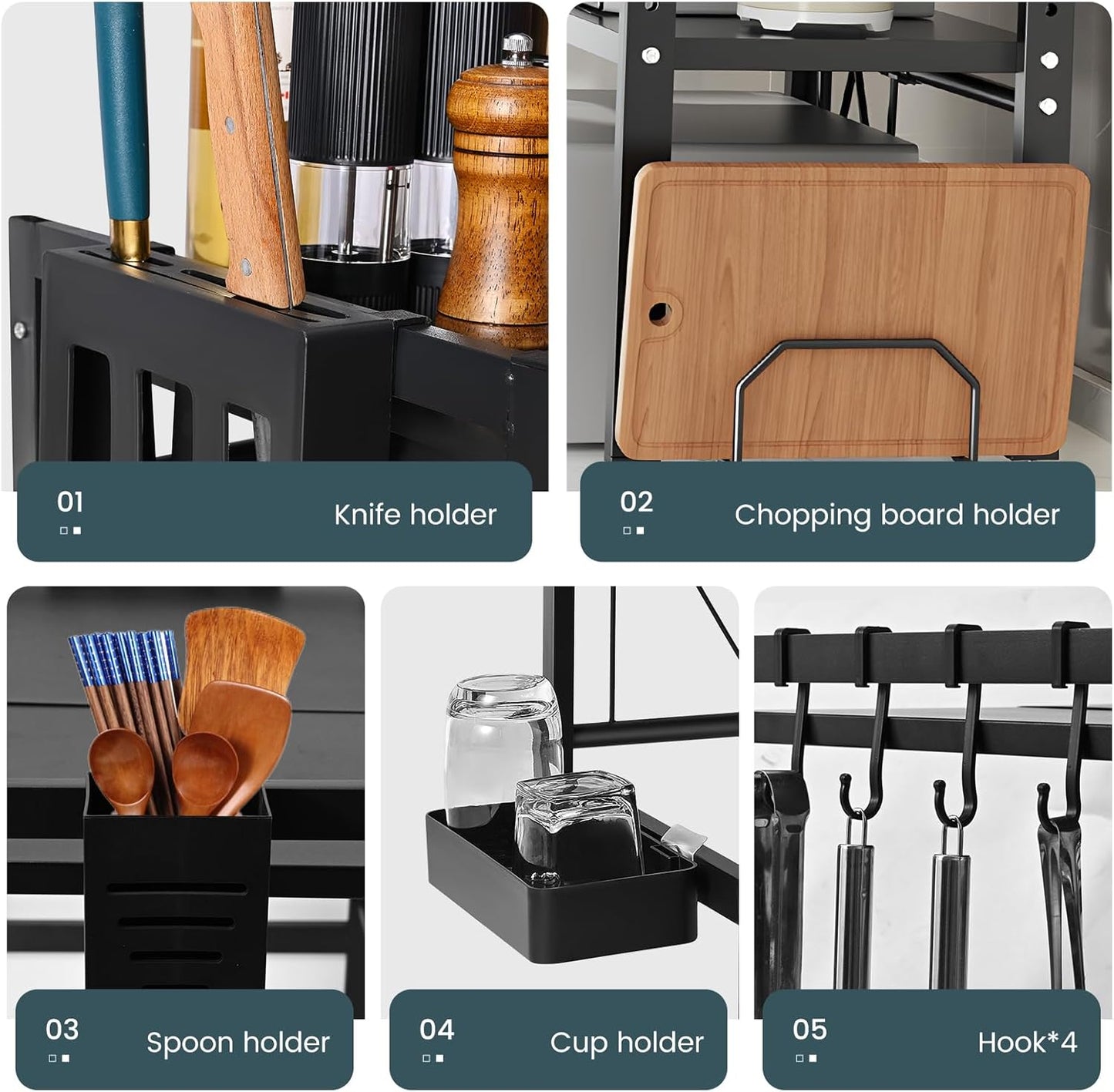 3 Tier Microwave Oven Rack Expandable Shelf Storage Adjustable Organiser Stand Utensil Holder Counter Shelf and Organizer with 4 Hooks Matte Black